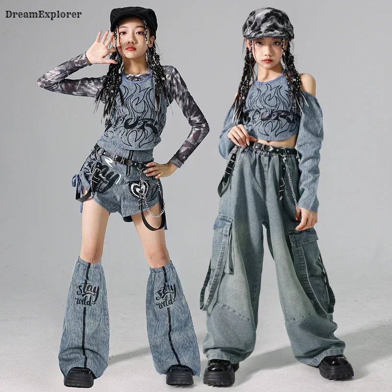 Джинсовый укороченный топ K-pop для девочек джинсы-карго уличных танцев брюки