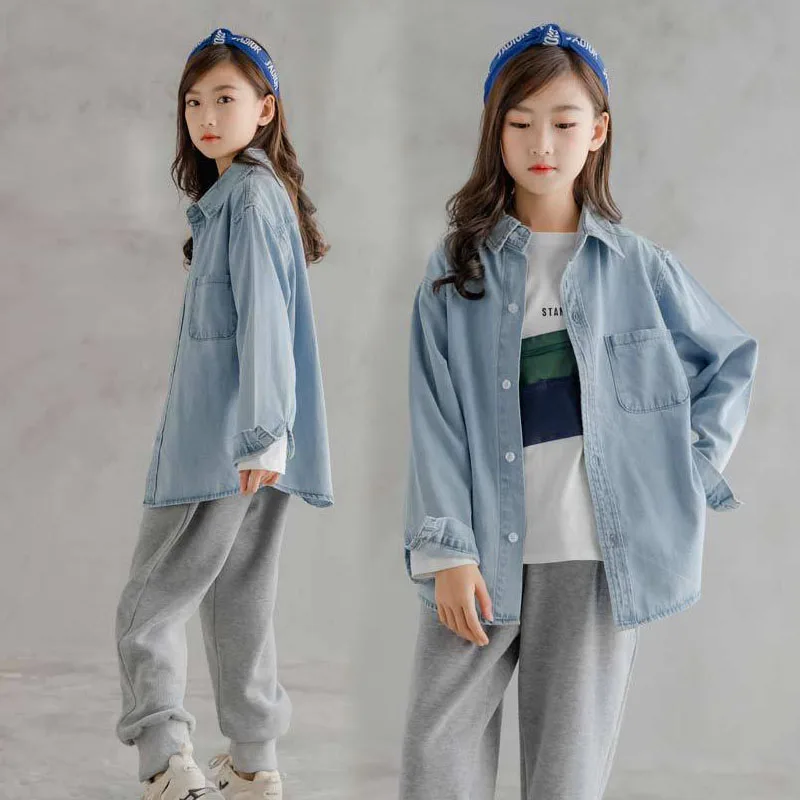 

Teenage Girls Blouse Long Sleeve Fashion Denim Blue Shirt for Kids Casual All-match Loose Children Tops Outerwear 12 13 14 Years