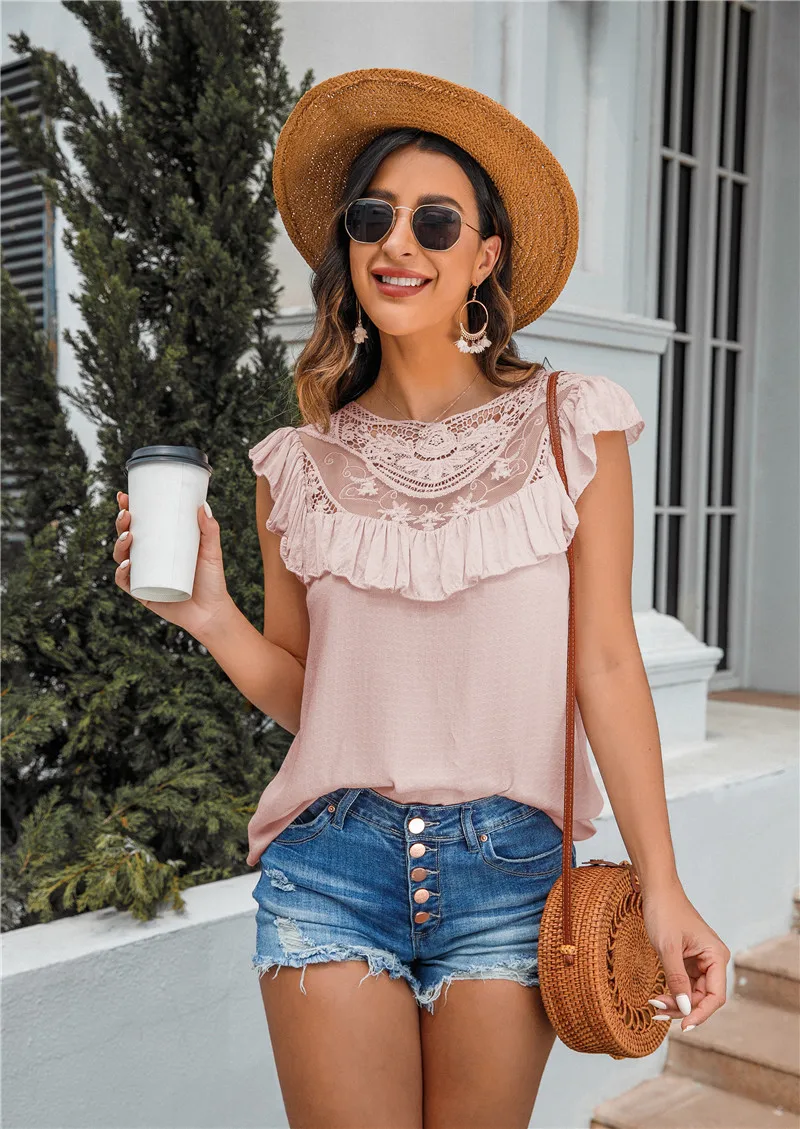 

Fashion Lace Patchwork Tunic Shirts for Women Summer Short Sleeve Ruffles Solid Blouses and Tops Oversized Casual Loose Shirt
