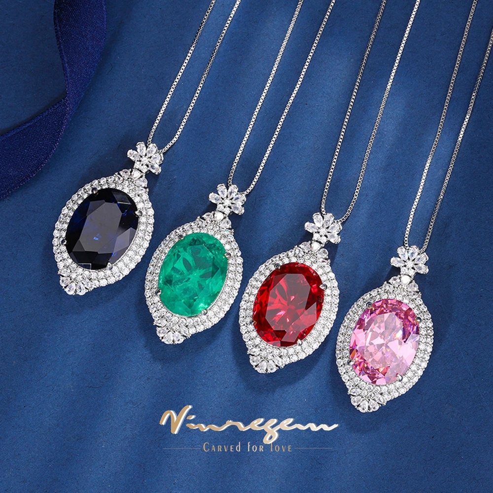 

Vinregem Oval Cut 15*20 MM Lab Created Emerald Ruby Sapphire Gemstone Pendant Necklace for Women Gifts Anniversary Fine Jewelry