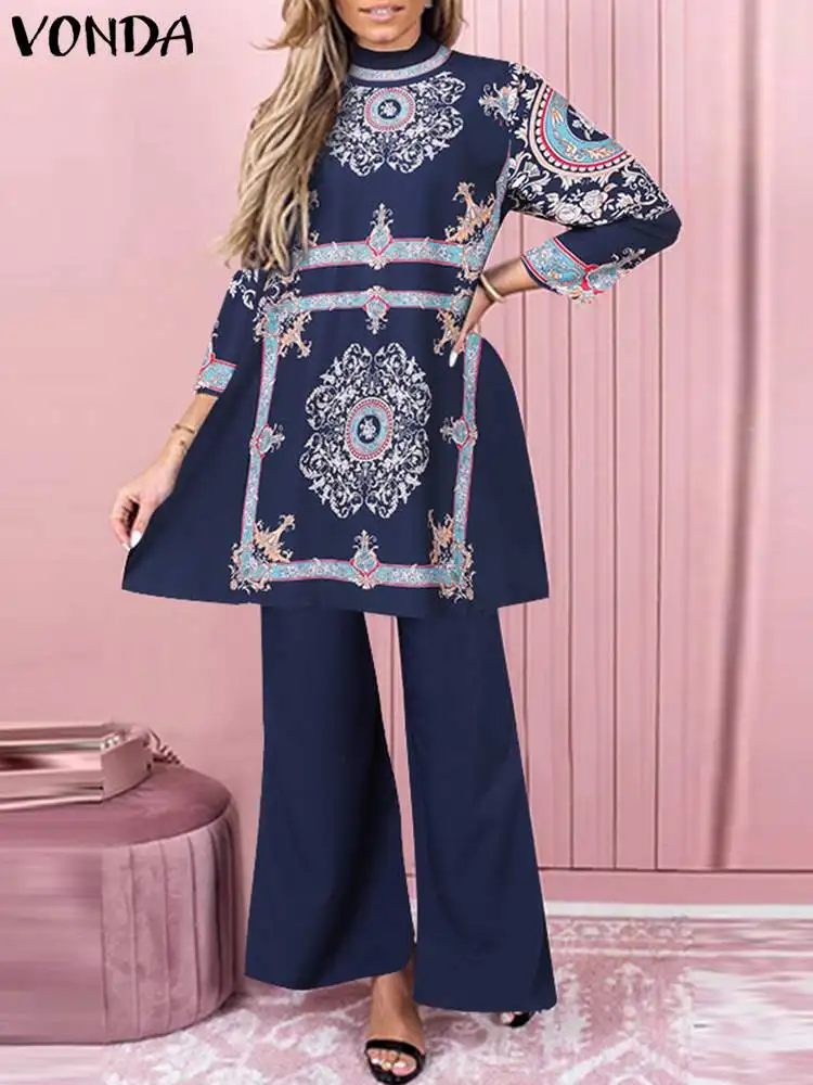 

Women Sets Autumn Long Sleeve Vintage Printed Tops Loose Long Pants Suits 2pcs 2023 VONDA Casual High Waisted Party Flare Pants