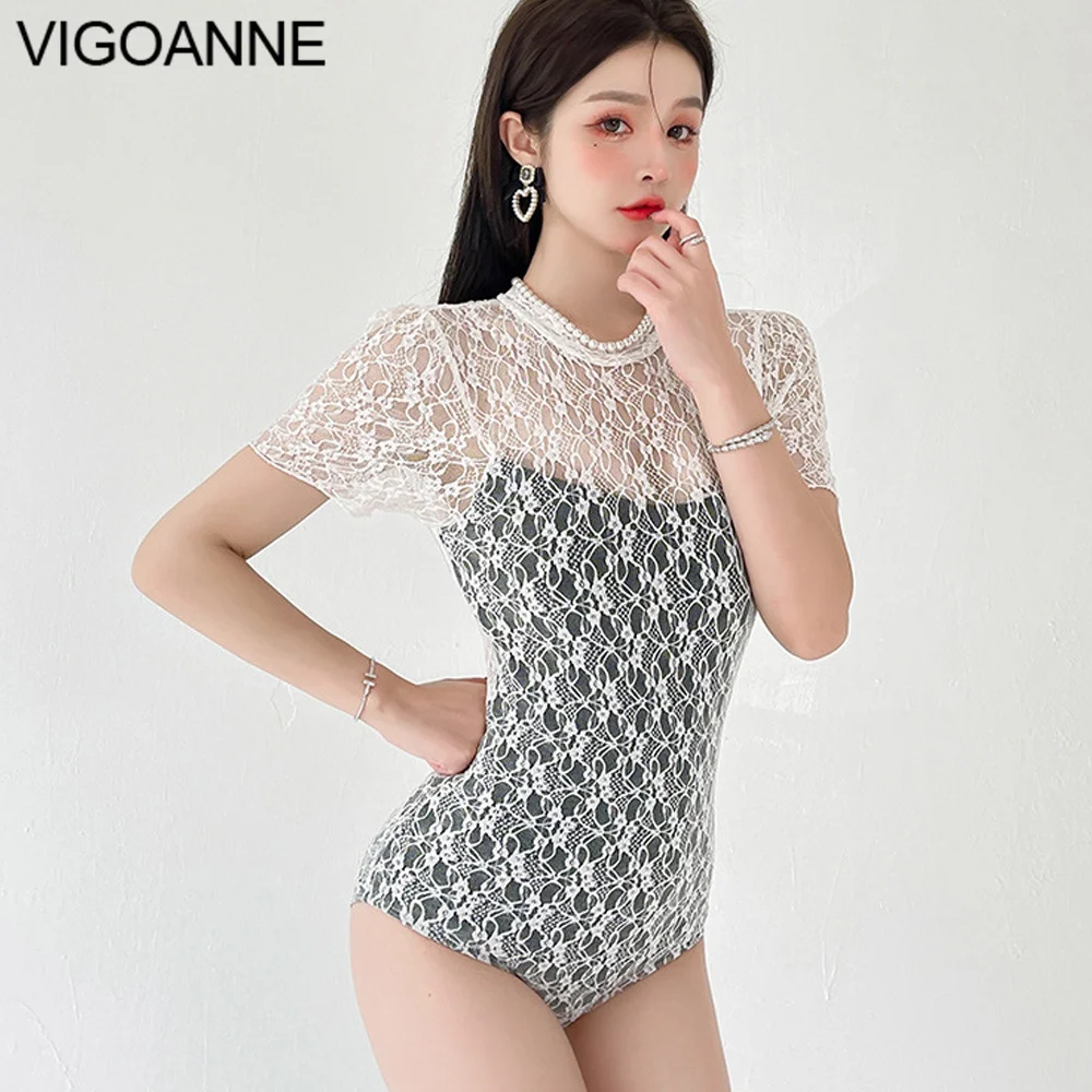 

Кружевной купальник VigoAnne с коротким рукавом, Женский привлекательный слитный купальник с пуш-ап 2023 года, корейский монокини для похудения, купальный костюм с открытой спиной