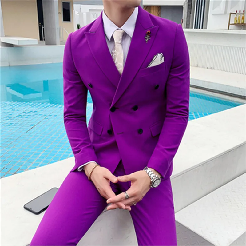 

3 Pieces Complete Men Wedding Suits (Jacket+Vest+Pant) Purple Tuxedo Double Breasted Skinny Prom Dress Blazer Set Party Costume