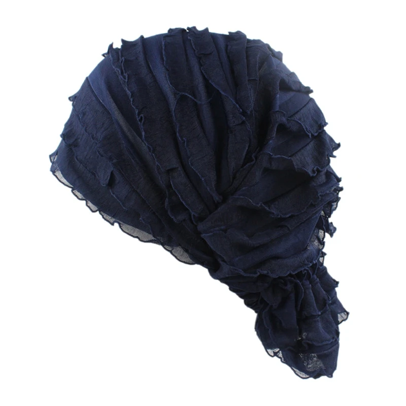Women Turban Ruffle Cap Vintage Beanie Headscarf Elastic Pleated Ruched Headwrap