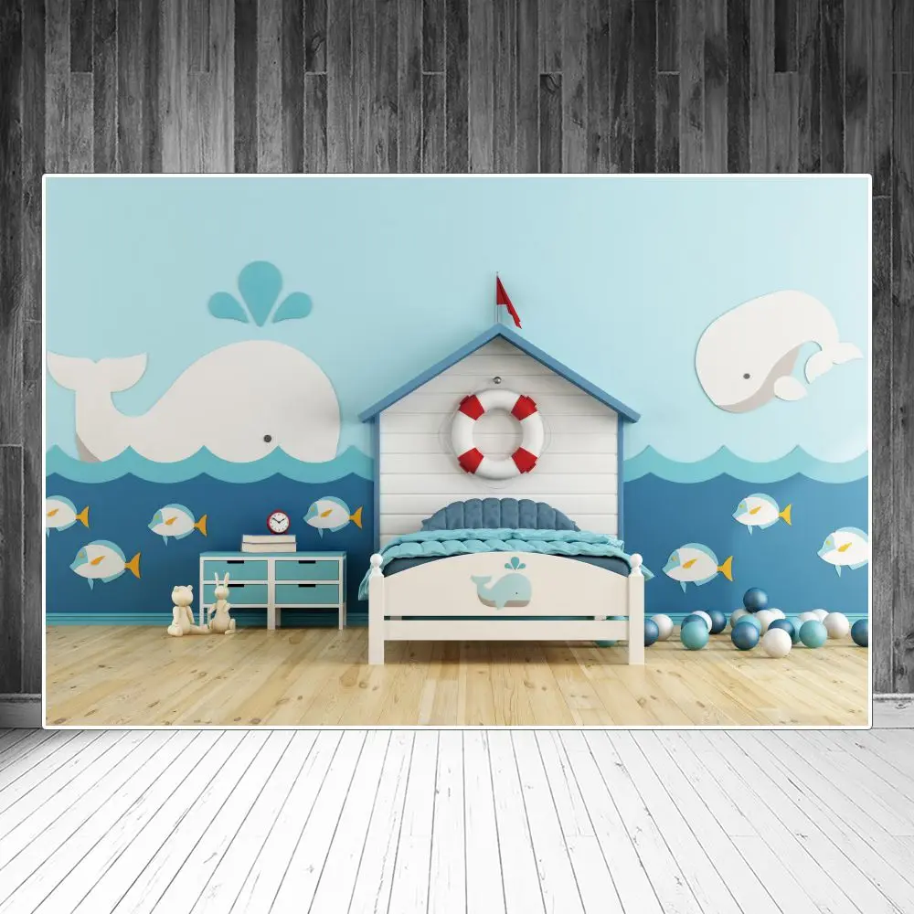 

Baby Bedroom Scene Photography Backdrops Decoration Sea Fish Whales Wall Lift Buoy Bed Custom Children Photo Backgrounds Props