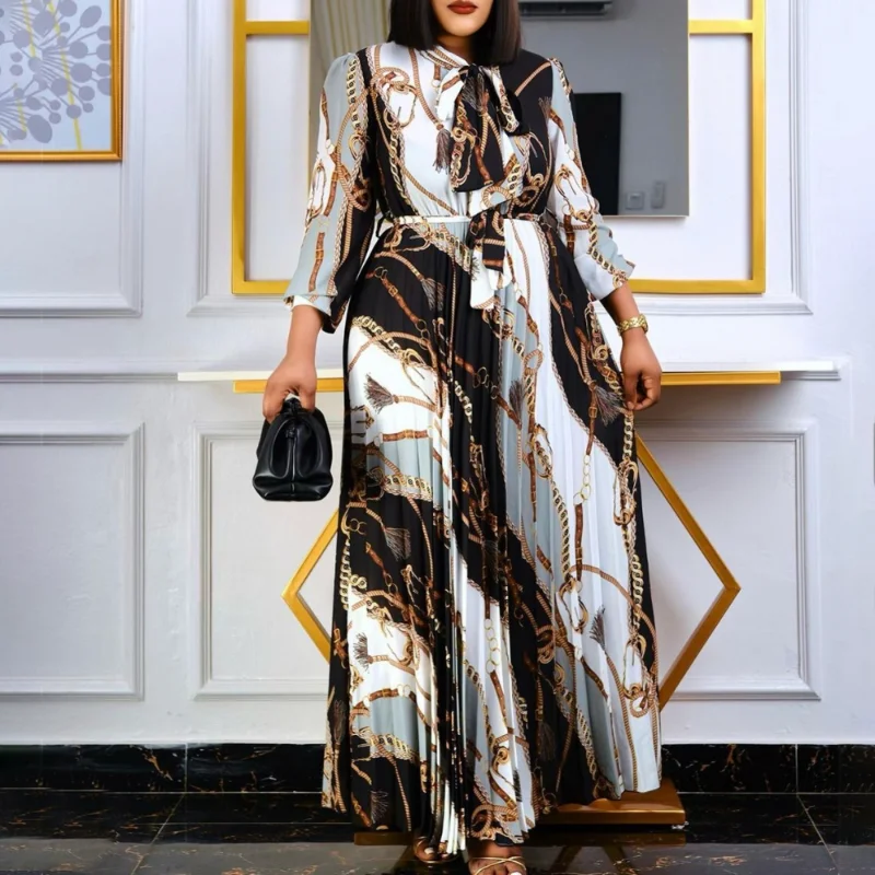 Long sleeve printed pleated bandage 2023 Spring New African Dress For Women Arrival Robe Elegant African Party Maxi Dress