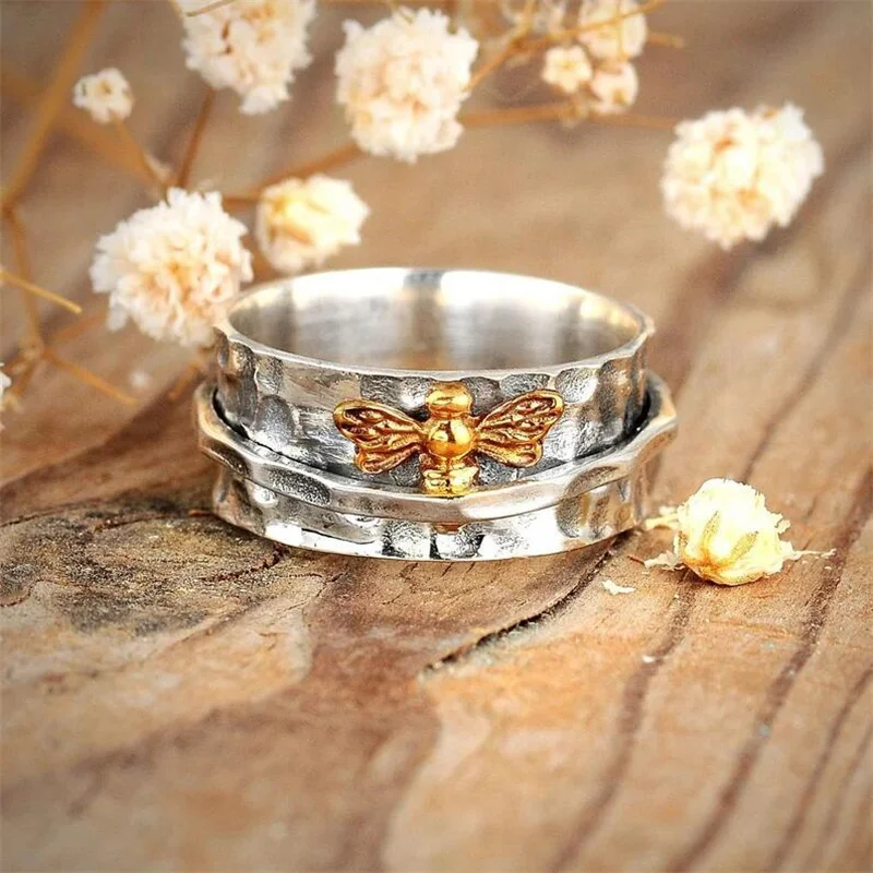 

Jisensp Gold Color Bee Finger Rings for Women Vintage Fidget Ring Dainty Spinner Wide Band Anti Anxiety Worry Jewelry Gifts