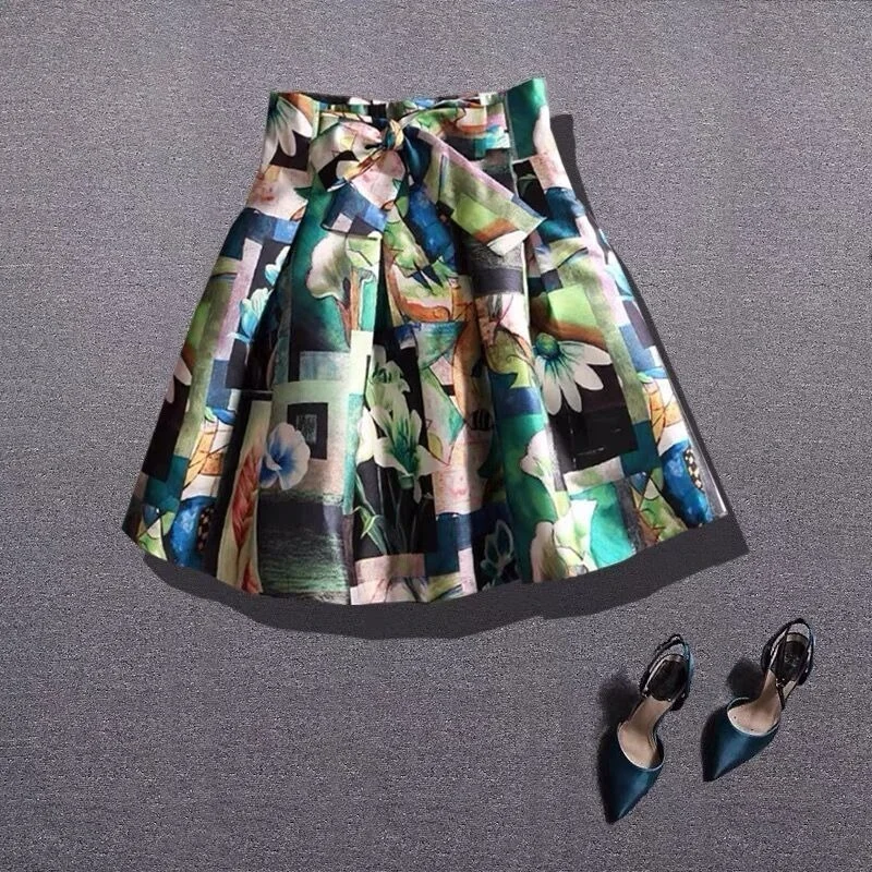 

Green Floral Women Skirts Summer New Design 2022 Pleated Mini High Waist All Match Female Clothing Top Quality