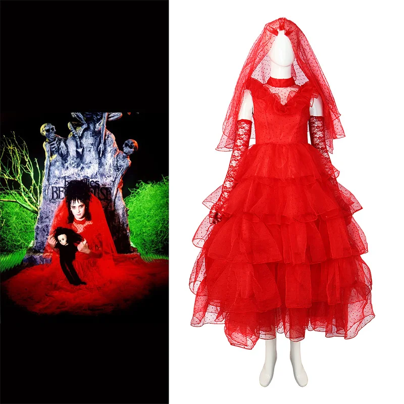 

Костюм для косплея Лидии из фильма Beetlejuice, красное свадебное платье, наряды, костюм для Хэллоуина и карнавала