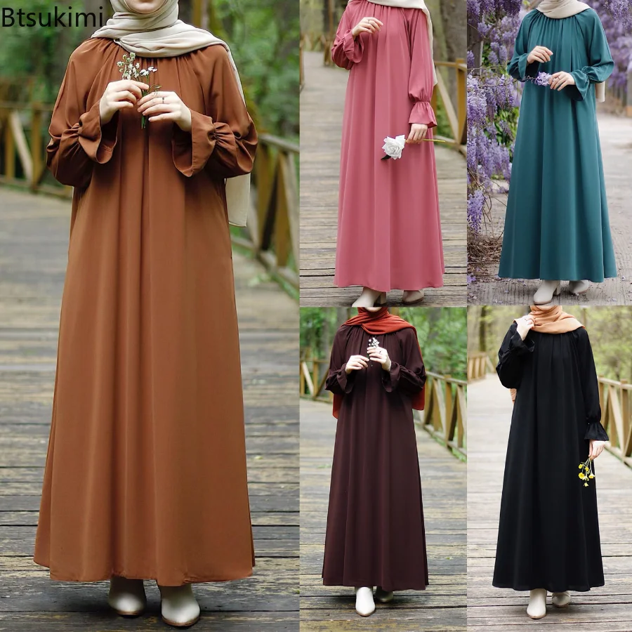 Muslim Fashion Abaya Solid Loose Long Sleeve Ruffles Sundress Round Neck Robe Maxi Dress Ladies Traditional Dubai Islam Clothes