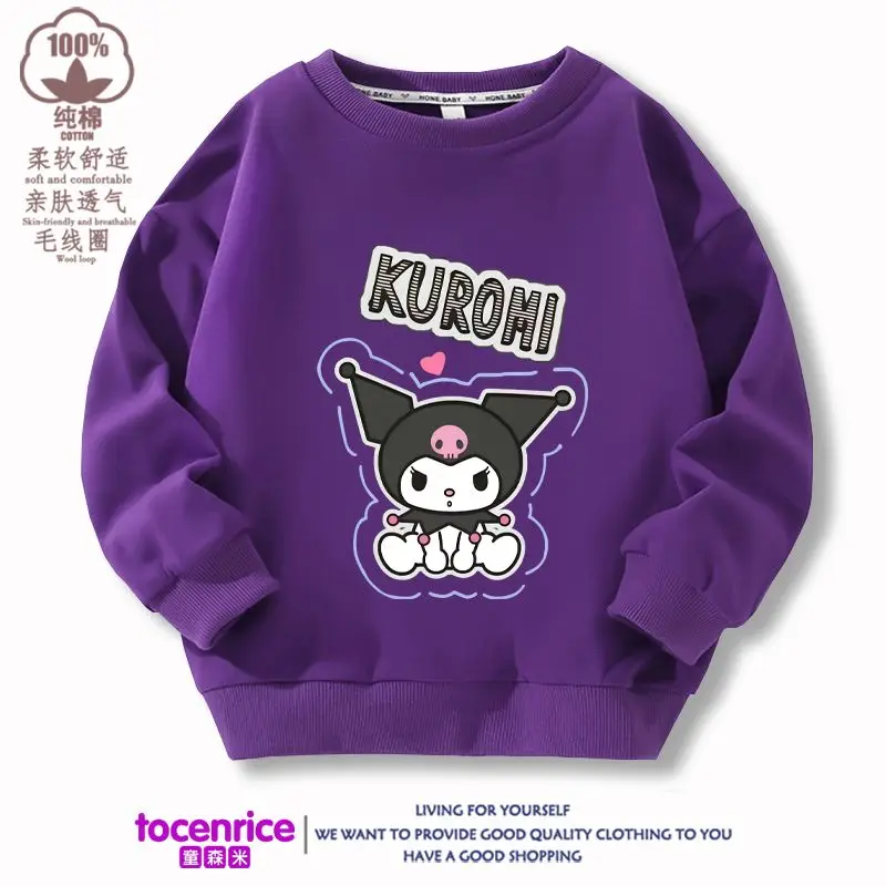 

Новинка, Детский свитер Sanrio из чистого хлопка с круглым вырезом, милый Повседневный пуловер с рисунком аниме Kuromi, детские топы на весну и осень