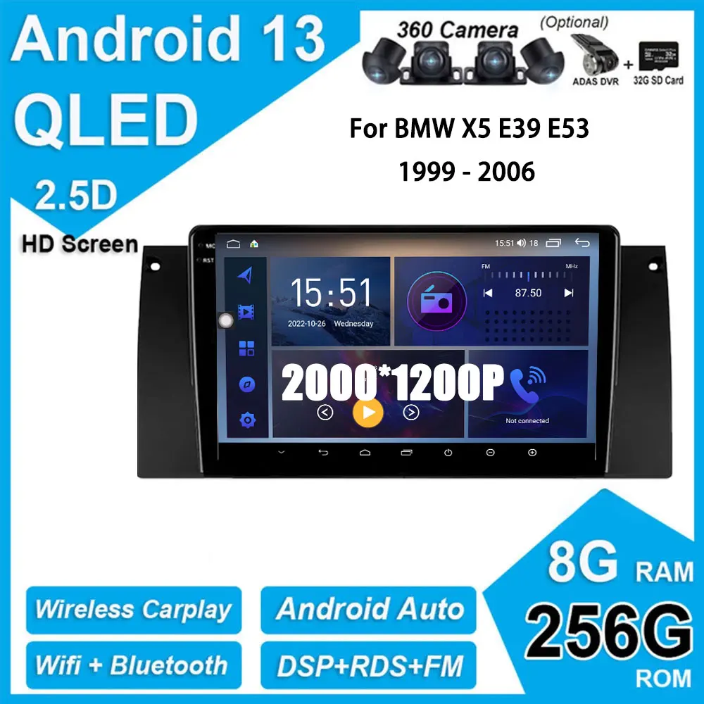 

9 Inch 2000*1200P QLED Screen For BMW X5 E39 E53 1999 - 2006 Car Video Player Radio GPS Navigation Multimedia DSP Android auto