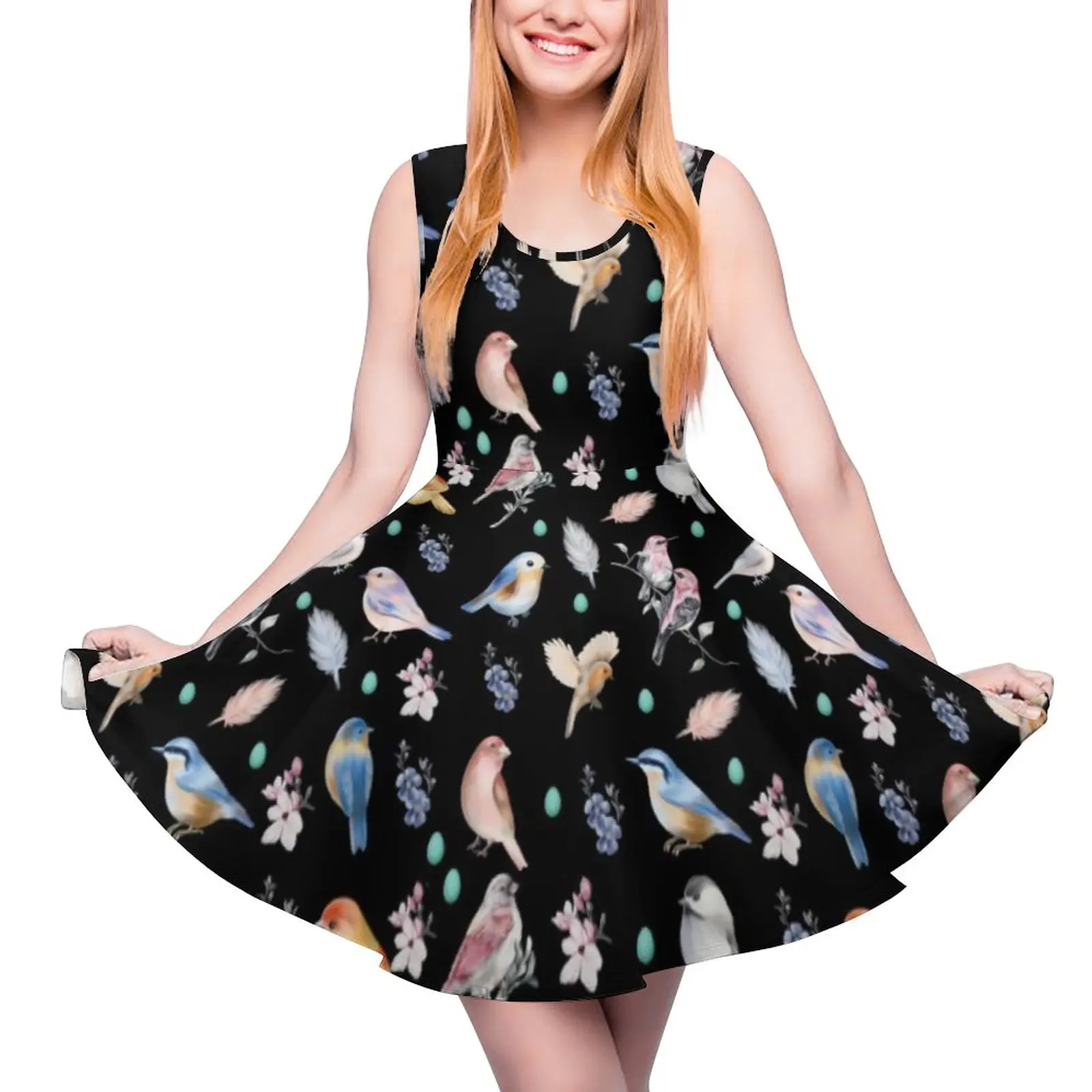 

Colorful Spring Birds Dress Floral Print Sexy Dresses High Waist Casual Graphic Skate Dress Female Oversize Clothing