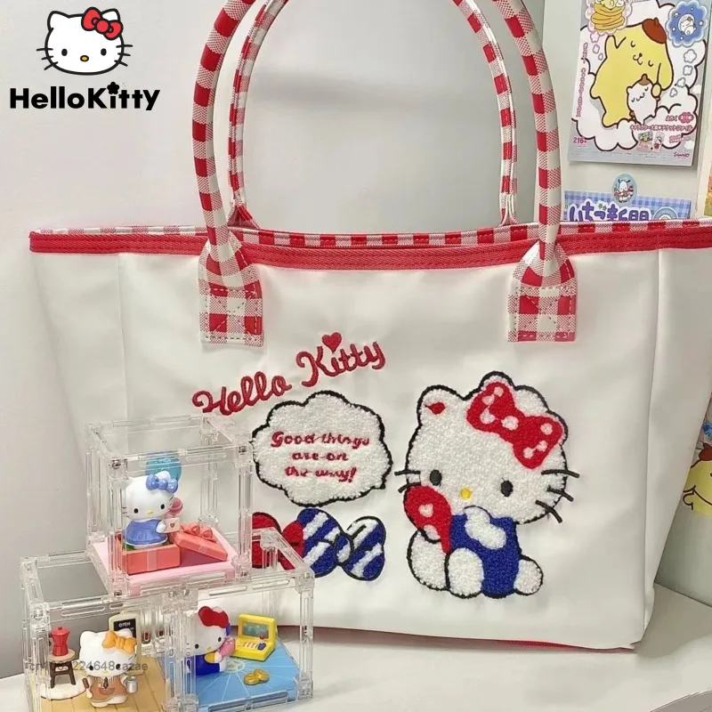 Sanrio Hello Kitty Home-made Embroidery Tote Bag Cute Student Party Y2k Shoulder Handbag Large Capacity Armpit Bag For Women