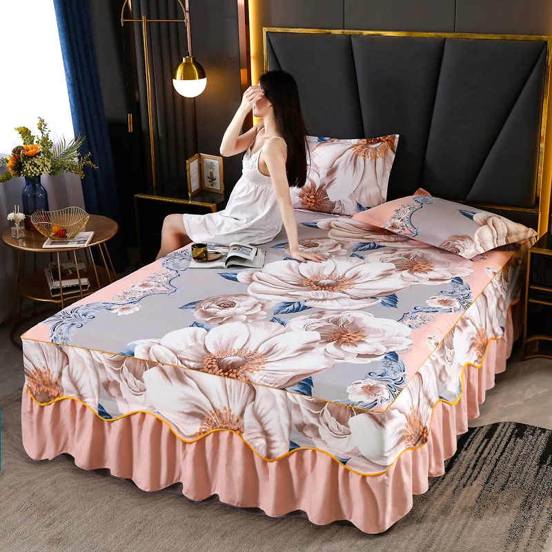 

Non Slip Bedspread 3 Piece Set Bed Skirt Style Edging Bed Cover Simmons Mattress with Strap Protective Cover 1.5/1.8m/2m Bed