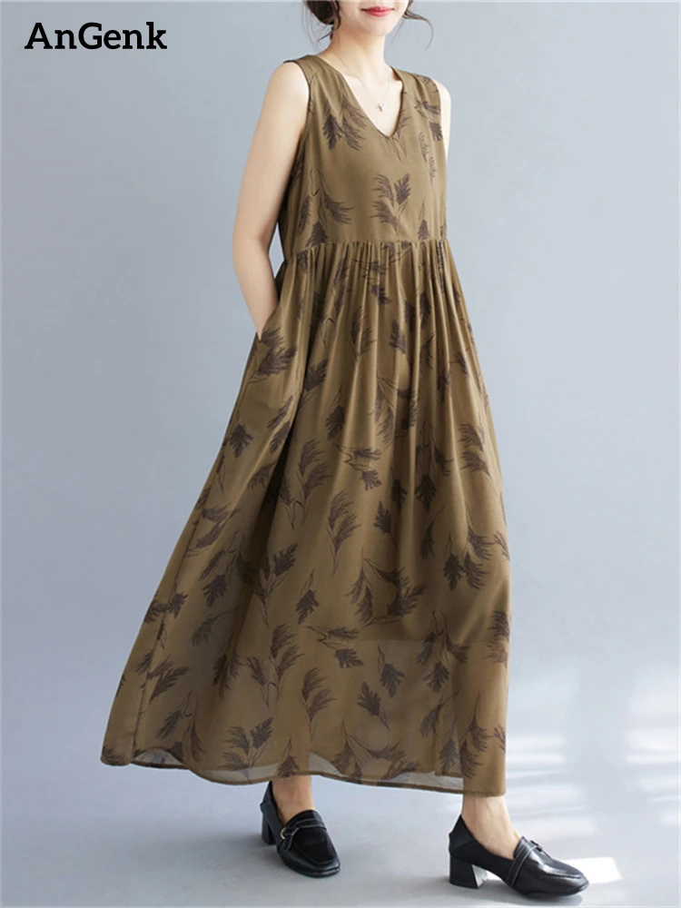 Женское винтажное платье с принтом повседневное длинное хлопковое без рукавов