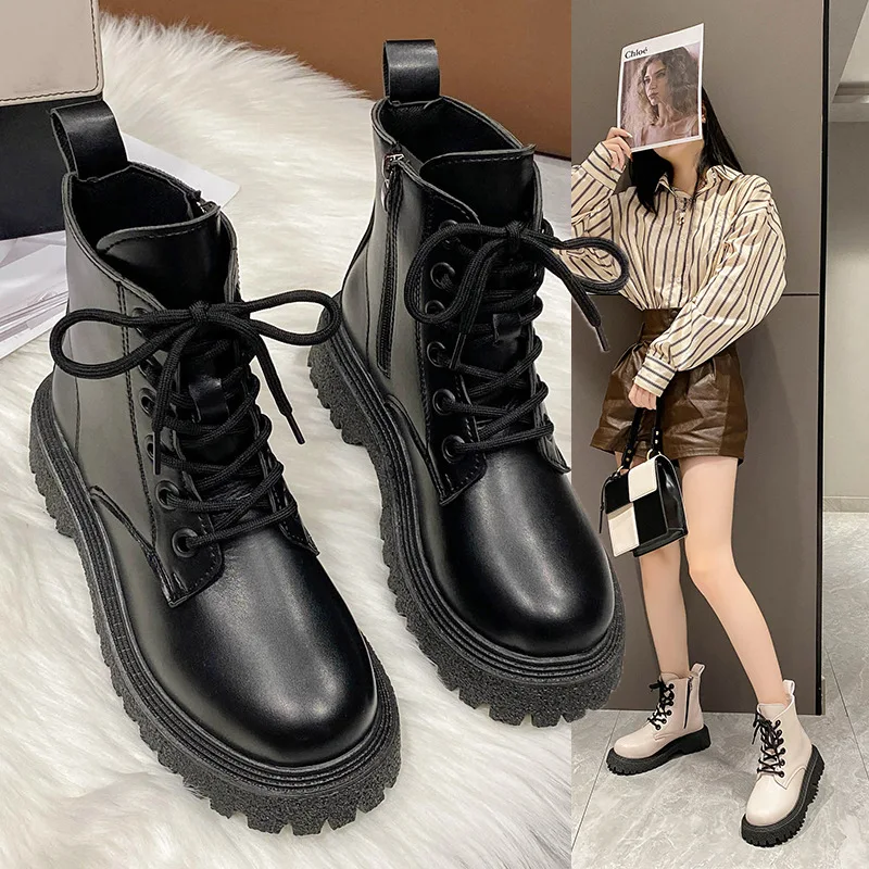 

2024 New Non-Slip Ankle Boots Women Autumn Winter Pu Leather Med Heel Motorcycle Boots Woman Lace-Up Platform Combat Botas Mujer