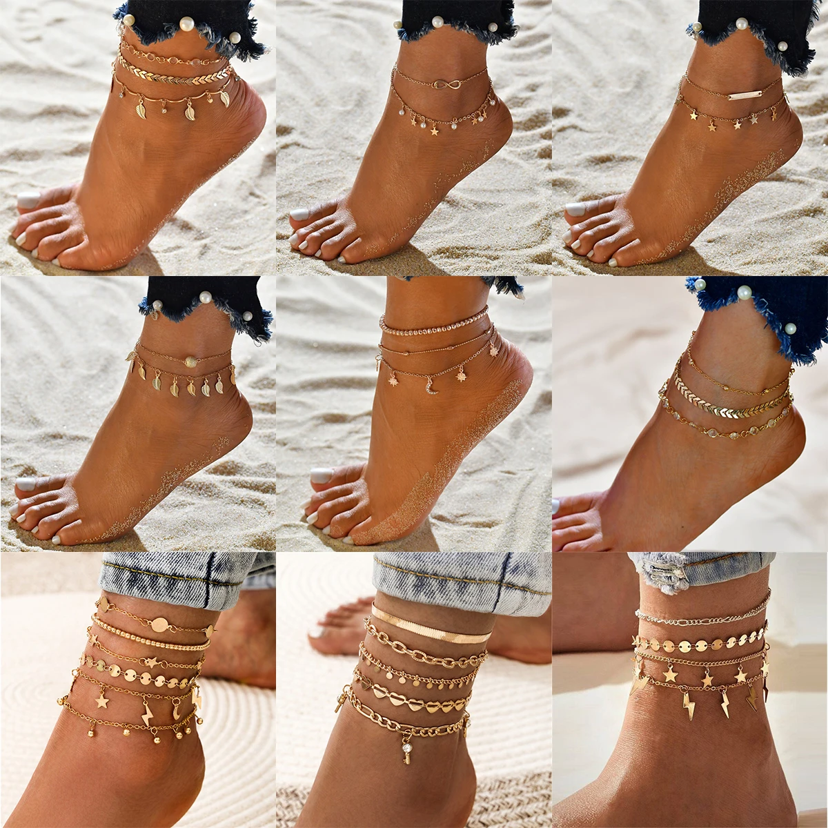 

Bohemia Gold Chain for Women Multilayer Ankle Bracelet On Leg Foot Jewelry Boho Beads Key Butterfly Charm Anklet Set Accessories