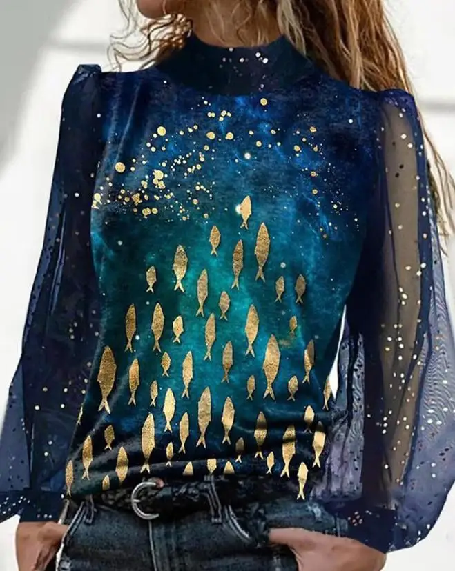 

Блузка женская с длинным рукавом и ложным воротником, с принтом рыбы