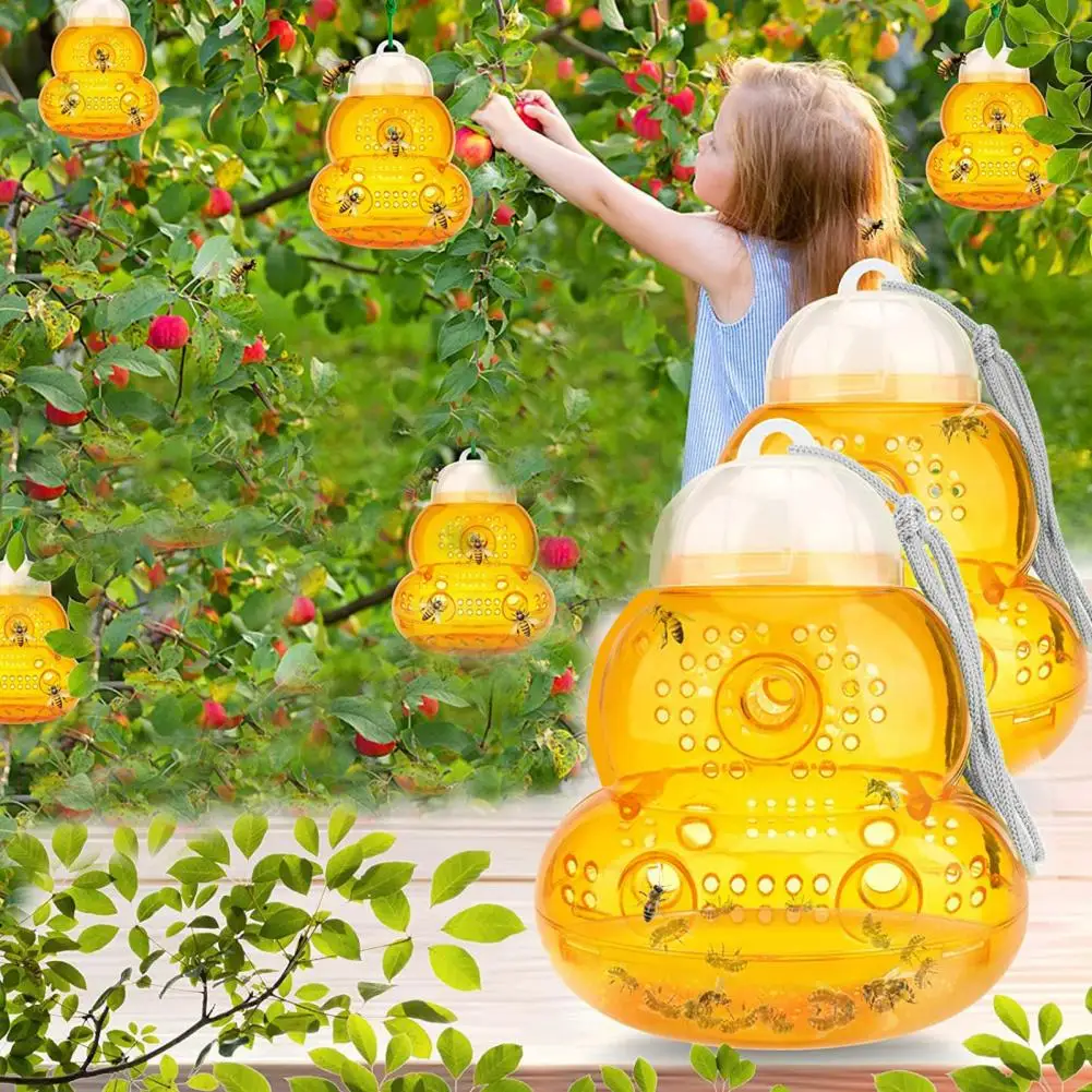 

2Pcs Bee Trap Plastic Holes Design Wasps Trap Sun Protection Visible Bee-catching Hornet Trap Outdoor Hanging Gourd Bee Trap