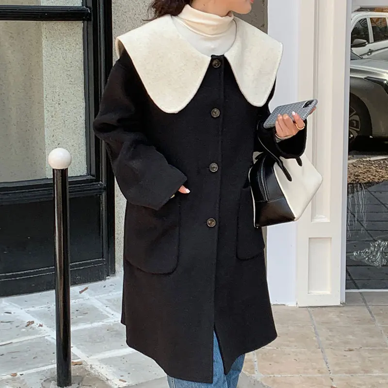 

SuperAen Korean Chic Autumn and Winter Sweet Doll Collar Color Contrast Splicing Bow Design Back Long Sleeve Woolen Coat