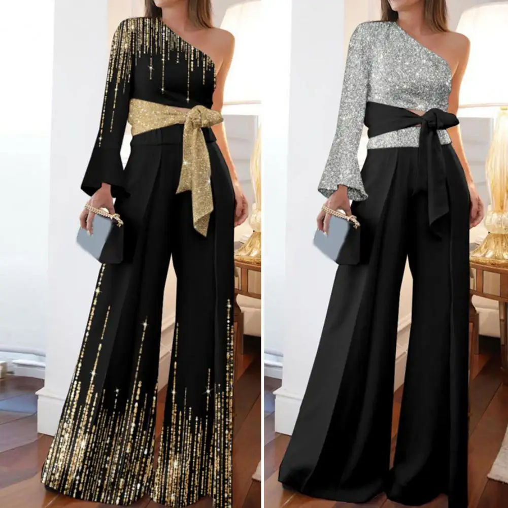 

Women Outfit Bandage Bowknot High Waist Wide Leg Women Outfit Office Lady One Shoulder Top Patchwork Shiny Pants Set Streetwear