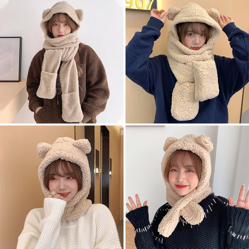 

Winter Women Beanies Hats Cartoon Cute Bear Ear Plush Fleece Neck Warmer Fashion Cold-Proof Scarf Gloves Casual Warm Accessories