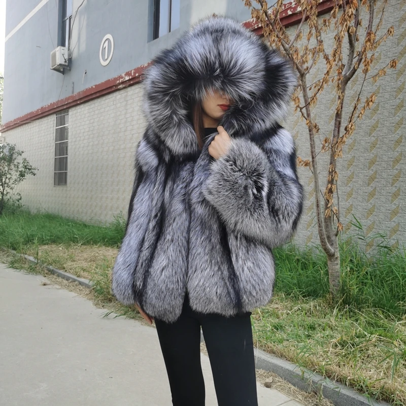 

2023 Fashion Natural Silver Fox Fur Coat Vest Women With Hood 100% Whole Skin Fur Winter Thick Soft Warm Fox Fur Jacket