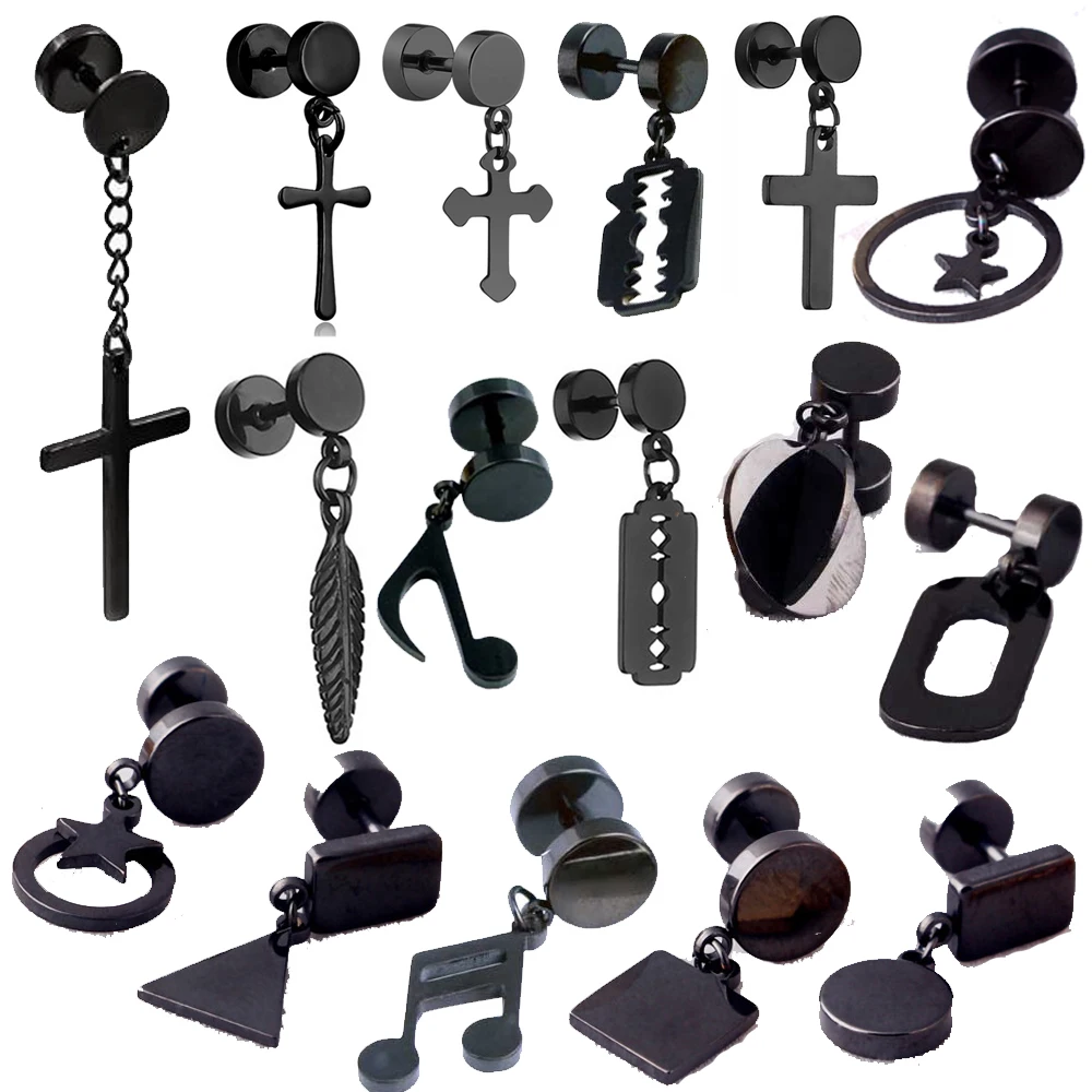 

1 Piece Punk Gothic Stainless Steel Stud Earring Cross/Blade/Leaf Round Fake Ear Taper Dumbbell Fashion Women Men Rock Jewelry