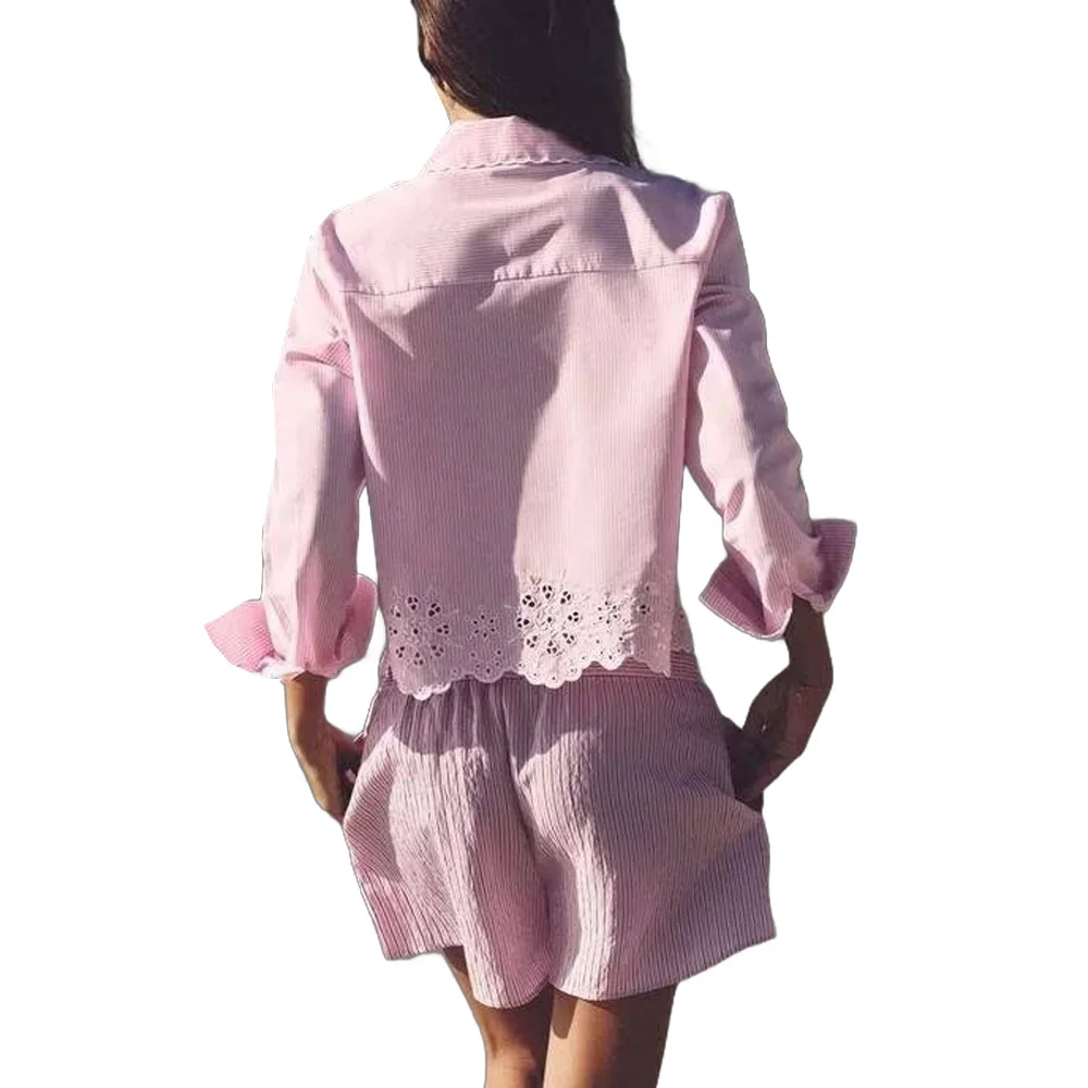 Женская Полосатая Рубашка с ажурной вышивкой милый яркий однобортный Топ