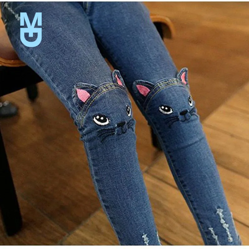 

New Spring Autumn Girls Jeans Children's Clothing Kids Cat Embroidered Jeans Kids for 3-12 Years
