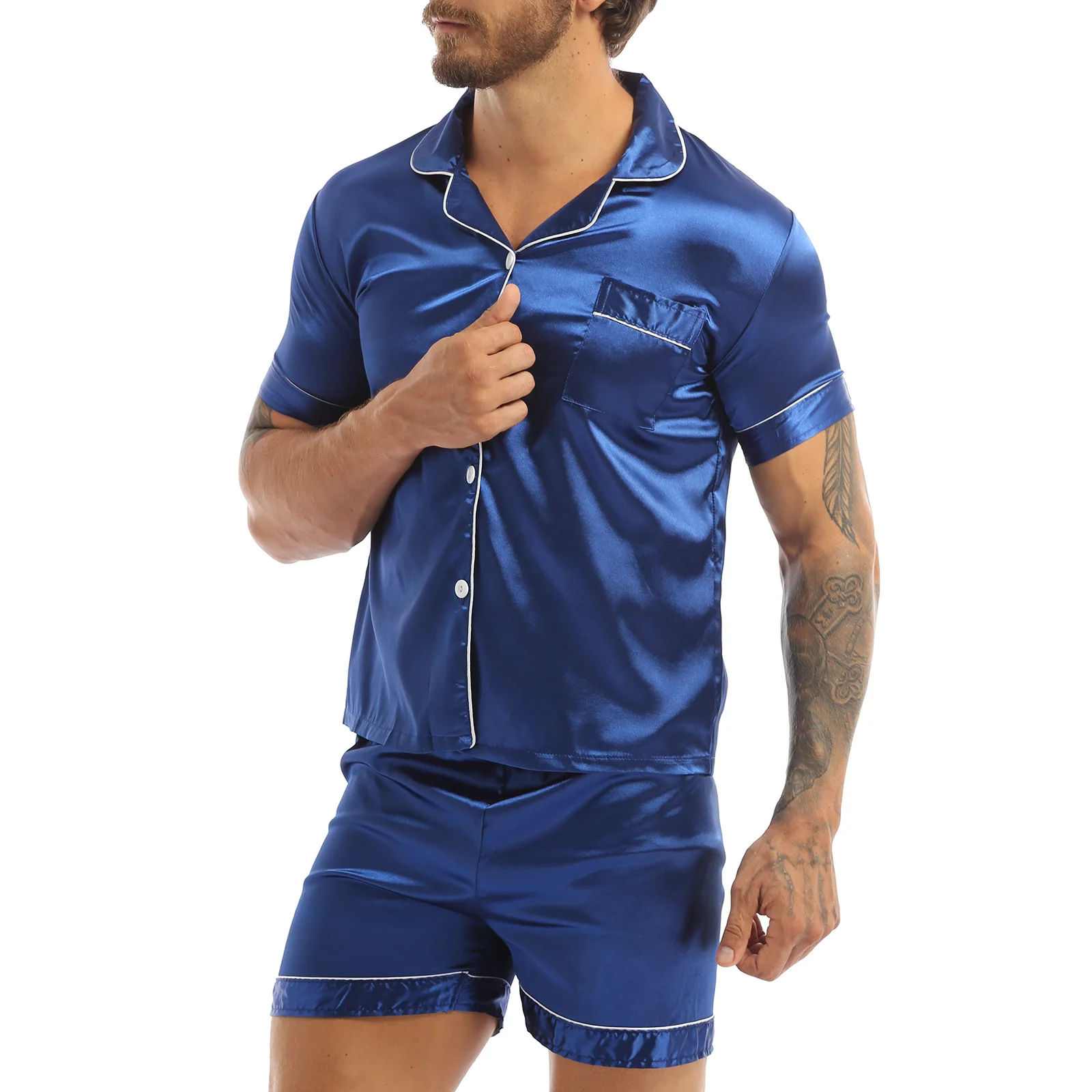 

Fasion Mens Silky Satin Pajamas Set Solid Color Sort Sleeves Button T-Sirt Tops wit Elastic Waisand Boxer Sorts Sleepwear