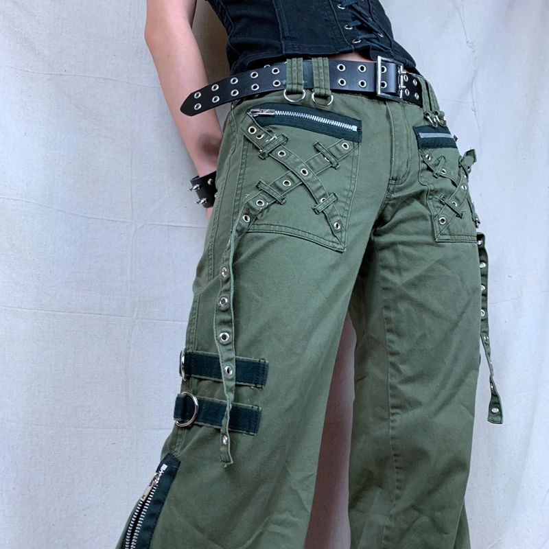 

Women Korean Sweatpants y2k Grunge Green Zipper Jeans Gothic Punk Baggy Retro Trousers Bandage Low Waist Cargo Long Pants