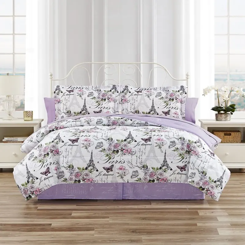 

Paris Floral Lilac Ultra Soft Microfiber 6 Piece Reversible Comforter Bedding Set - Twin