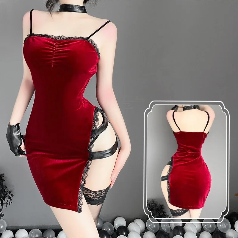 

Sweet Spice Sexy Bag Hip Slit Modified Cheongsam Uniform Chic Red Velvet Halter Dress New Year Women's Fun Lingerie Sexy Sling