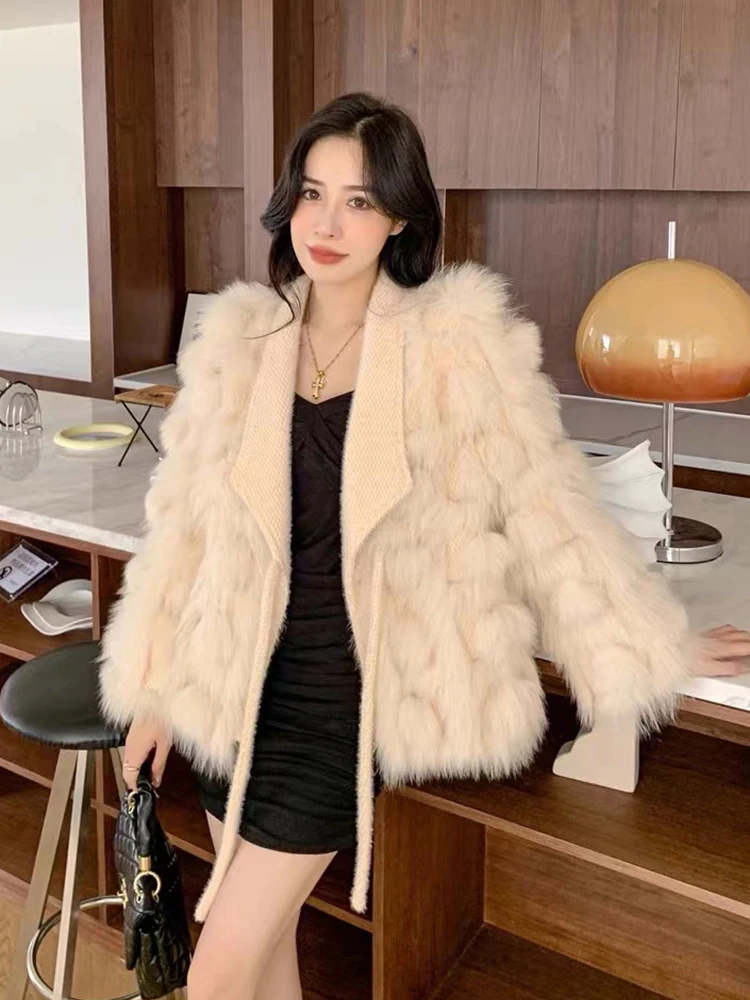 2022 Winter Faux Fur Coat Women Knitting Jackets For Women Natural Fur Coat Fashion Design Fluffy Lace-up Splicing Streetwear