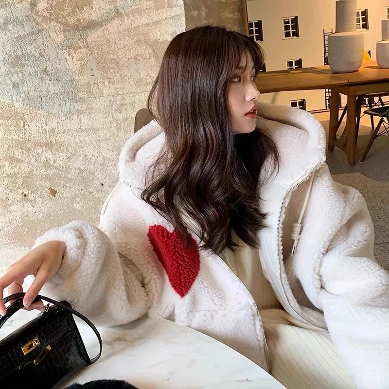 

Love Winter Clothes Women Fashion Lamb Wool 2022 Contrast Color Zip Up Hoodie Loose Fleece Thickened Hoodies Faux Lambswool