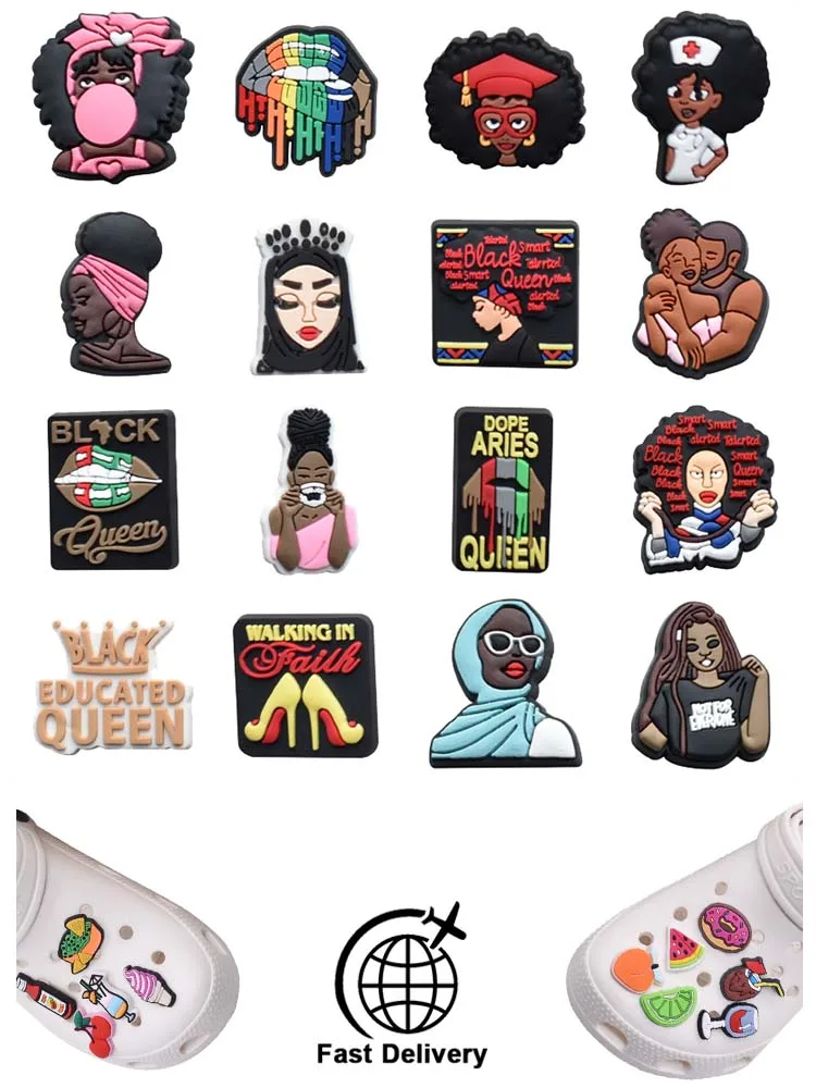 

1Pcs PVC Black Girl for Crocs Charms Badge Women Sandals Buckle Kids Pins Decoration Jeans Shoe Ornaments Party Favors Wholesale