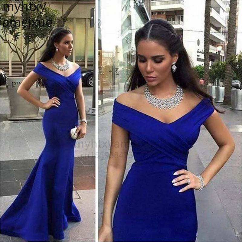 

Sexy Cheap Blue Muslim Plus Size Evening Dresses Mermaid V-neck Off Shoulder mal Islamic Dubai Saudi Arabic Elegant 2022