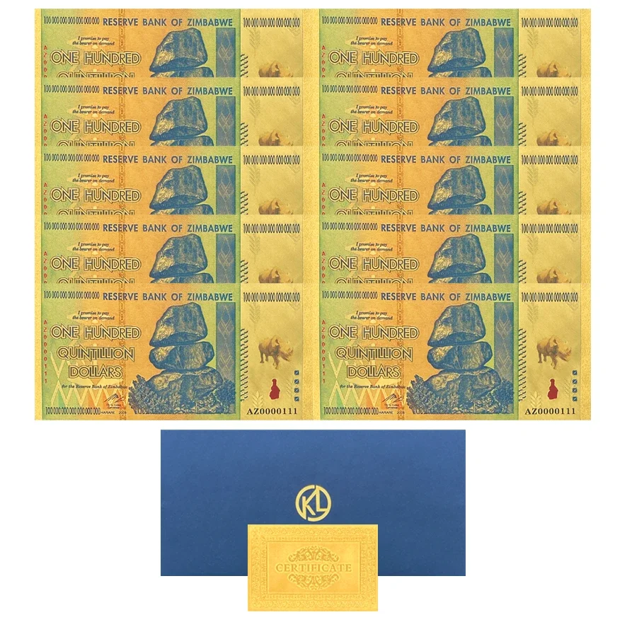 10 Pcs Zimbabwe Paper Money Gold Plated Foil Banknote Collective Notes for Business Gift Home Collection