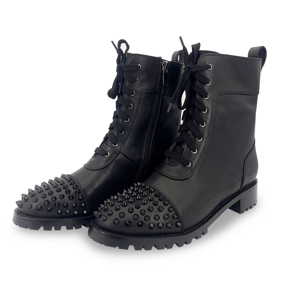 

Rivet Buffed Calfskin Boots Round Toe Studded Matte Leather Black Lace Up Booties Low Heel Zipper Ankle Biker Boots Fall Winter