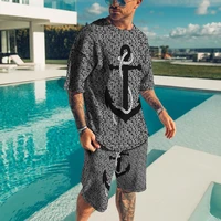 fashion summer man sets anchor motorcycle print mens tracksuit suit casual t shirt shorts 2 piece set roupa de esporte