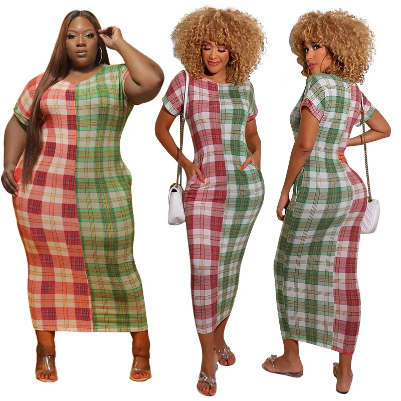 2022 Summer Women's New Plaid Color-block Crewneck Slim Slip Pocket Long Plus-size Dress
