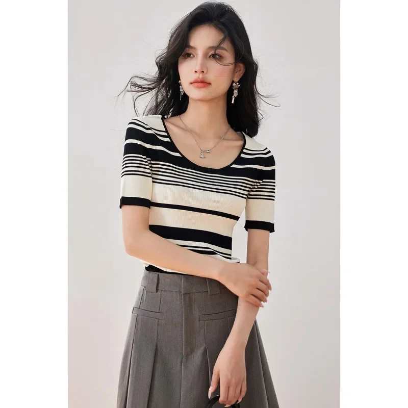 Футболка женская облегающая с круглым вырезом шикарный топ в французском стиле