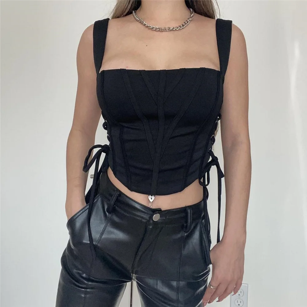 

2022 Summer Women Sexy Bodycon Corset Tank Casual Side Hollow Out Tie-Up Bustier Crop Tops Sleeveless Backless Solid Color Camis