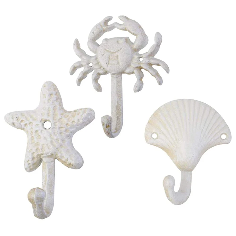 

Set Of 3 Starfish Seashell Crab Cast Iron Decorative Wall Hooks Coats Aprons Towels Hooks Beach Ocean Theme Metal Hooks