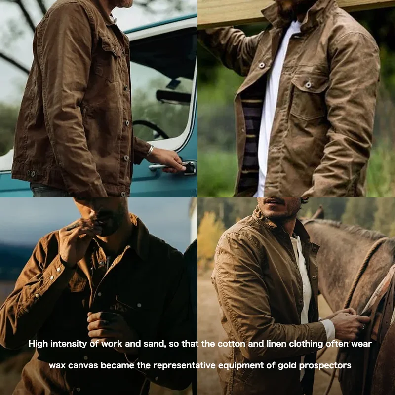 Maden Amekaji Retro Male Oil Waxed Jacket Canvas Cotton Khaki Military Uniform Light Casual Work Safari Style Coats Man Clothing