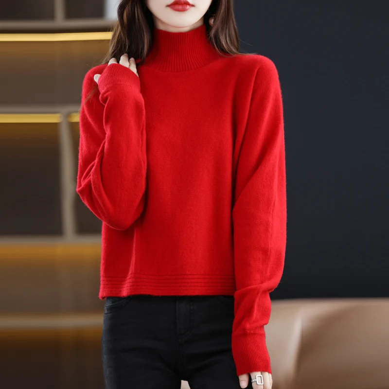 

2023 New 100% Mink Sweater Irregular Women's Autumn And Winter Style Semi-High Neck Fashion Loose Solid Color Long-Sleeved Top