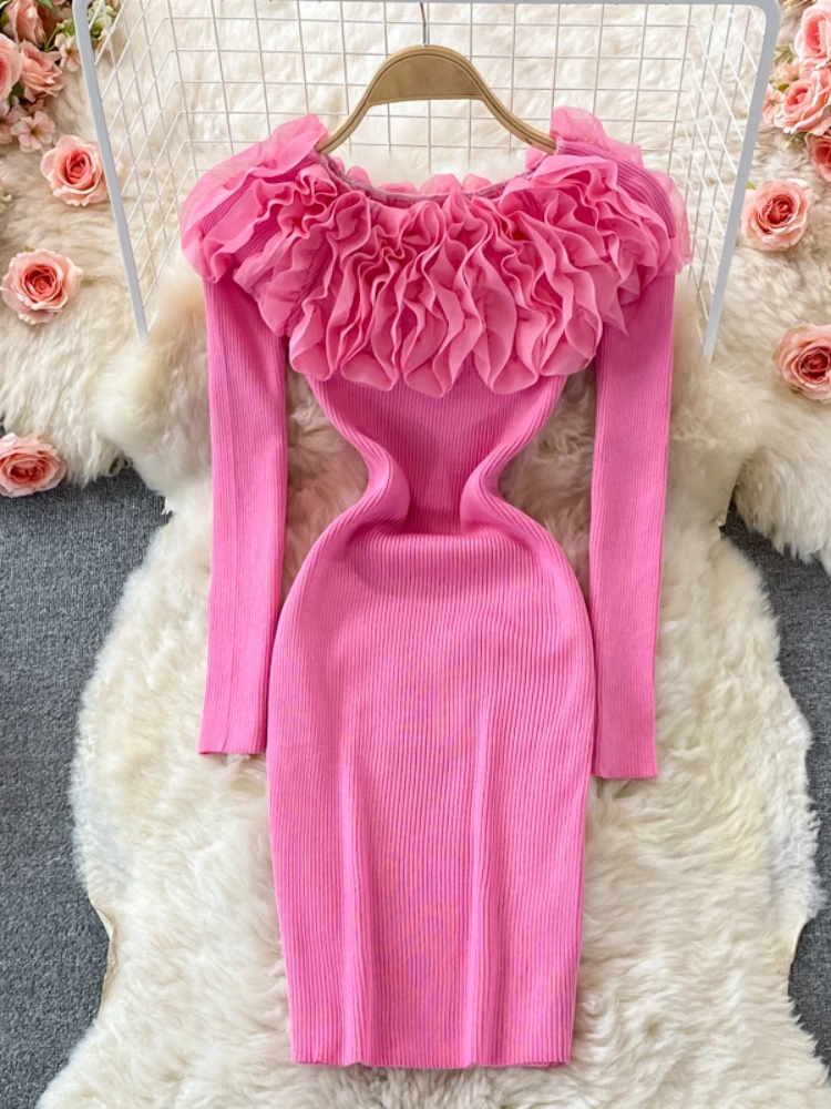 

Hikigawa Chic Fashion Woman Dress Floral Slash Neck Long Sleeve Knitted Dresses For Women Solid Elegant Vintage Vestidos Mujer