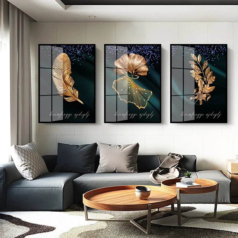Canvas Prints Green Gold Leaf Luxury Poster With Frame Rich Tree Deer Silk Landscape Wall Art Painting Picture Modern Abs